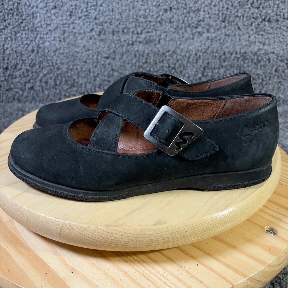 Ecco Shoes Mary Jane Flats Womens Size 10 Black Leather Buckle Portugal Vintage